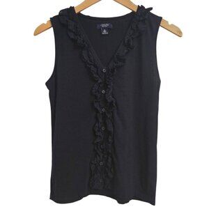 Chaps Women’s Sleeveless Ruffle Front Blouse Medium Navy Blue 100% Cotton Button